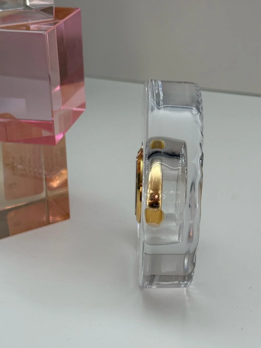 Vintage Sasaki Clear Crystal Quartz Desk Clock with Gold Accents